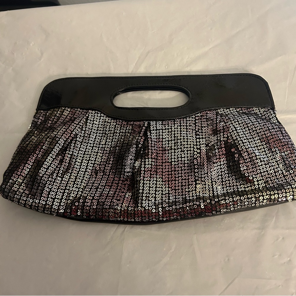 Black and Silver Sequin Patten Faux Leather Clutch Women’s